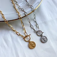 【サージカルステンレス】コインチャーム付きゴールドオーバルチェーンのネックレス 45cm 長さ追加可能