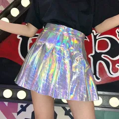 ミニスカート スカート プリーツ ハイウエスト オーロラカラー キラキラ ギラギラ シルバー ピンク ダンス 衣装 ヒップホップ コスチューム 韓国ファッション 個性的 服 原宿系 ピンク Lサイズ すぐに発送