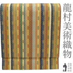 【中古】 名古屋帯 リサイクル 開き 京袋帯 正絹 全通 京都 龍村美術織物 たつむら 天平段文 薄茶 青紺 二重太鼓仕立て カジュアル 春 秋 冬 仕立て上がり みやがわ sb53840