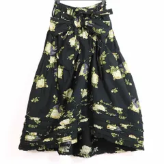 【美品】ピンクハウス★豪華なホワイトローズpt サッシュベルト たくし上げ、前開きデザイン ティアードロングスカート黒系 k13301