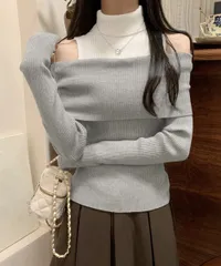 肩あきニットトップス タートルネック ニット レディース バイカラー 大人カジュアル ニットソー オープンショルダー 着やせ ニットプルオーバー 肩見せ タイトニット ニットソー スリム きれいめ セーター 普段着 ニットウェア 85YN-900540