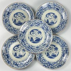 760 染付　龍　鯉　古伊万里　伊万里焼　骨董　アンティーク　中皿　8寸皿　5客セット