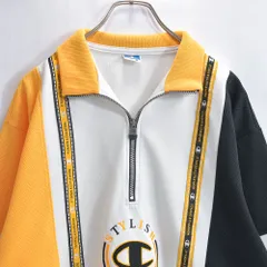 80s 日本製 Champion products USA チャンピオン 切り替えデザイン ロゴ刺繍 ハーフジップ トラックジャケット ジャージ ゴールドウィン社 ヴィンテージ プルオーバー ホワイト ブラック イエロー ジャパンビンテージ 古着 メンズL相当