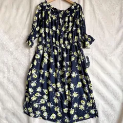 大きいサイズ　4L 2way ロングワンピース 花柄　共布ベルト　ネイビー　黄色 オフショルダー