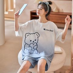 パジャマ 半袖 夏 ベージュ ブルー クマ メンズ ルームウェア 外出 レディース 綿 ペアパジャマ ギフト おしゃれ カップル ペア 春夏 結婚祝い プレゼント ペアパジャマ スウェット 上下セット 部屋着