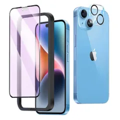 iPhone 15 Plus フィルム/ iPhone 14 Plus フィルム，ブルーライトカット 旭硝子 非光沢 ガイド枠付き iPhone 15 Plus ガラスフィルム【1枚+1枚】レンズ保護フィルム付 フルカバー さらさらフィルム iPh