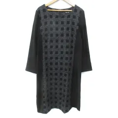 コムサデモード COMME CA DU MODE ワンピース ひざ丈 長袖 ラウンドネック 切替 グラフチェック柄 11 黒 グレー ブラック /FF16 ■MO