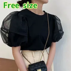オーガンジースリーブ パフスリーブ袖 カットソー 半袖 黒 シアー バルーン袖 韓国 レディース トップス フォーマル カジュアル キレイめ シアー 通勤 異素材 大人 パーティー 無地 ブラック ラウンドネック コーデ 旅行