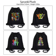 ２点セット　Sprunki リズムボックス グッズ ドローバッグ兼スクールリュック 携帯用キャンバス製ダブルショルダーバッグ 大容量収納ポーチ