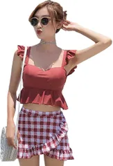 YOUHA 水着 レディース ビキニ ハイウエスト 体型カバー ビスチェ風 大きいサイズ 2点セット バスト盛れる ワイヤー フレア フリル かわいい チェックレッド( レッド,  M)