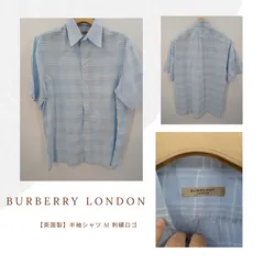 【英国製】BURBERRY LONDON 半袖シャツ M ブルー系 ノバチェック 刺繍ロゴ入り