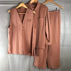 Ladies Fashion セットアップ 3点セット ベスト シャツ スラックス 猫刺繡 ラインストーン 肩パッド くすみピンク ピンクベージュ Mサイズ 2025071200072