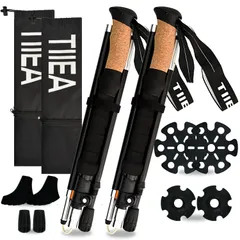 TIIEA トレッキングポール 2本セット バランスを保つ 登山用ストック コルク素材グリップ ウォーキングポール 115-135cm伸縮 男性 女性 高齢者 5種類の付属品付 登山杖 手が疲れなハイキングポール