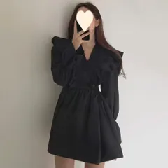 ☆ ブラック ☆ XLサイズ ☆ カシュクールワンピース フリル  カシュクールワンピース 長袖 フリル ミニ レディース ワンピース ワンピ Aラインスカート Aライン クロスオーバ カシュクール ショット丈 ボリュームスリーブ ゆったり 体型カバー