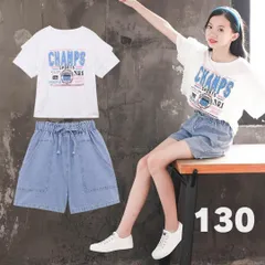 子供服 こども キッズ ジュニア セットアップ 女の子 130 フリル Tシャツ 半袖 デニム ショートパンツ ショーパン 半ズボン 韓国 可愛い お洒落 ウエストゴム トップス 個性的 夏服 普段着 スポーツ ダンス イベント かわいい 海外 インポート