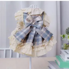 Sサイズ⭐︎犬・猫・兼用⭐︎ブルーチェックの生成りフリルたっぷりロリータドレス⭐︎(165)