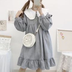 【新品】スウィートガーリー♡ビッグカラーギャザーフリルワンピース レディース ワンピース ビックカラー フリル 長袖 グレー ロリータ　A0703