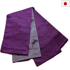 半幅帯（猫柄：パープル系）日本製 ロング 長尺 リバーシブル 細帯 浴衣 着物 小紋 レディース 女性 和装 和服