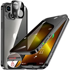 HGUTREY【覗き見防止・自動ポップアップボタン】 iPhone13 mini 用 ケース 【ロック付き】【ストラップホール付き】一体型レンズ保護 両面9H強化ガラス iPhone13ミニケース 耐衝撃 アルミ バンパー メタルフレーム スマホケース 薄 0