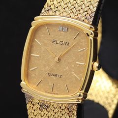 エルジン 腕時計 スクエア GD文字盤 メンズ クォーツ 中古品 (13066 