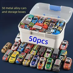ミニカー50台セット！収納ケース付き50個入り収納ボックス付きミニ合金製ブリキ製プルバックカー、ハロウィーンとクリスマスの男の子と女の子へのギフト、ハロウィーンギフト