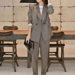 ☆ グレー ☆ L ☆ レディーススーツセットpk2455 スーツ レディース カジュアル パンツスーツ セットアップ おしゃれ かっこいい ママスーツ 結婚式 セレモニー 大学生 2点セット 上下セット 長袖 ダブル ウエストゴム 通勤 通学 オフィス