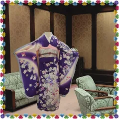 【振袖セット】青紫色に白いお花柄の振袖と鶴と雲間模様の帯