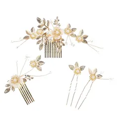 【超人気】花 かんざし 発表会 Uピン パール 小物 留袖 結婚式 浴衣 夜会巻き 成人式 和装 着物 4点セット ヘッドドレス 髪留め (ゴールド) 髪飾り mamota