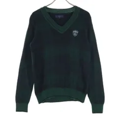 Callaway キャロウェイ ワッペン チェック柄 ゴルフ 長袖 Vネック ハイゲージ 袖リブ ニット セーター M グリーン系 レディース 古着