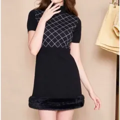 Darich ダーリッチ  チェックファーニットミニワンピース 綺麗め 半袖ニット 黒 ブラック FREEサイズ レディース 秋 ゴーゴー古着マルイ草加店268