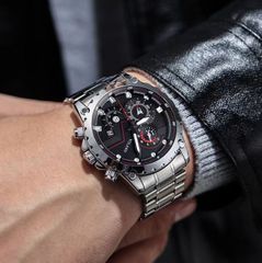新品 クロノグラフ YOLAKO 腕時計メンズ ステンレス シルバー×ブラック