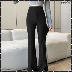 フレアスキニーパンツ スリット入りパンツ レディース ハイウエストストレッチパンツ センタープレス フレアスラックスパンツ オフィス美脚リラックスパンツ きれいめ 無地ロングパンツ黒 細見えパンツ 美尻 着やせボトムス女性