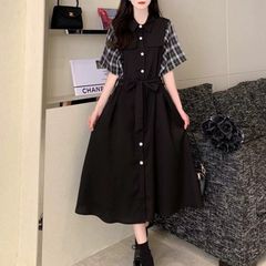 レトロガーリー♡チェック切り替えワンピース レディース ワンピース ブラック 黒 骨格ストレート M L　　F0851