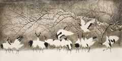 佚名 雪梅鶴舞 88 x 44 cm紙本 東洋画 国画 中堂画 掛け物 未表装