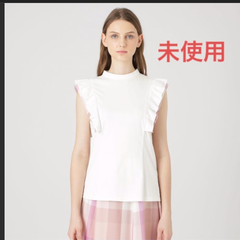 新品タグ付き　道重さゆみさん着用　現行品　完売品　BLUELABEL CRESTBRIDGE ブルーレーベルクレストブリッジ　袖口フリル　ピンクチェック柄　白　ホワイト　スムースバイオタックフリルカットソー　サイズ38 M