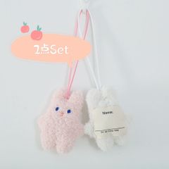 もこもこ うさぎ ネームタグ キーホルダー ストラップ 名札　二点セット