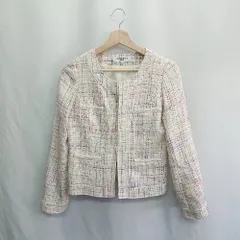 ◇ ⊂ NATURAL BEAUTY BASIC 綿混合 ツイード 長袖 ジャケット サイズM アイボリー レッド イエロー レディース E  【1412090053719】