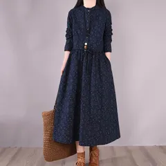ワンピース レディース 小花柄ワンピース ウエストリボン Aライン スタンドカラー フリルカラー スカート ロング 長袖 大人可愛い カジュアル レトロ オータム感 秋冬 ミセス 30代 40代 50代 デイリー 普段着 ネイビー ブラウン 大きいサイズ M 