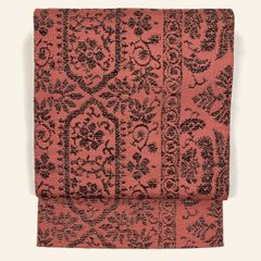 リユース帯 名古屋帯 ローズピンク カジュアル 抽象柄 紋章 オリエンタル 松葉仕立て 未洗い MS996