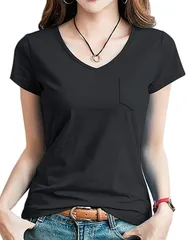 B-talk(ビートーク) BT28 Tシャツ 半袖 Vネック 胸ポケット カットソー トップス レディース オシャレ( ブラック,  M)