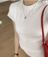半袖tシャツ レディース tシャツ 半袖 カットソー Tシャツ クルーネック トップス 春夏 袖短い プチハイネック コットン 綿 無地 フィット