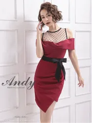 ワインレッド[ON2559-2412] 【ANDY/アンディ】ハーフスリーブ/ 袖あり/ ハイネック/ ドット/ リボン/ タイト/ 膝丈/ ミニドレス/ キャバドレス[OF05]