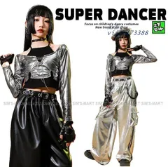 ダンス衣装 キッズ セットアップ K-POP 韓国 ガールズ ヘソ出しトップス 黒 シルバー 派手 衣装 メタリック パンツ ヒップホップ  vii5v173388