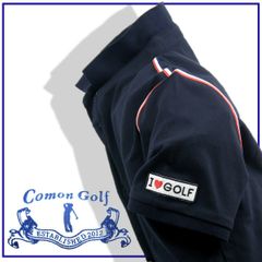 【新品】 COMON GOLF / コモンゴルフ　ストレッチ 半袖 ポロシャツ トリコロール カラー ネイビー 紺 ゴルフウェア 鹿の子 ゴルフ I ♡ GOLF 紺 ネイビー カノコ