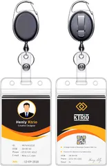 新品 KTRiO カードホルダー ネームホルダー 縦型 リール式 2枚セット クリップ カラビナ 吊り下げ 社員証ケース 名札ケース 名札ホルダー カードケース 両面 通学通勤 防水 PVC製 透明 クリア 内寸9×6.4cm