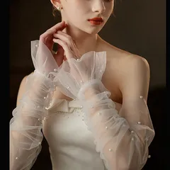 ウェディンググローブ ウエディンググローブ ロンググローブ 指なし アームカバー チュール パール 手袋 ブライダル 結婚式 花嫁 二次会 披露宴