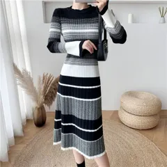 グラデーション マルチボーダー ニットワンピース ワンピドレス 膝下 ミモレ ミモレ丈 袖あり 長袖 Uネック セミフレア Aライン リブニット 編み込み 伸縮性 かわいい 大人可愛い きれいめ カジュアル 大人 上品 おしゃれ 大人女子 こなれ感 ラブリー 