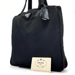 【良品】 PRADA プラダ トートバッグ ハンドバッグ 三角ロゴ トライアングル チャーム ロゴ型押し ロゴプレート シルバー金具 総柄 白タグギャランティー 肩掛け テスートナイロン ユニセックス レディース メンズ ブラック 黒色
