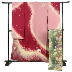 中古 振袖 袋帯 リサイクル 2点セット 赤 ピンク 緑 金彩友禅 唐織 花 桜 流水 礼装用 フォーマル 身丈163cm 裄67.5cm M Lサイズ No.3-0379