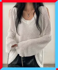 新品 サマーニット レディース 薄手長袖 Vネック 肩出し ニットプルオーバー ニットトップス 【送料無料】